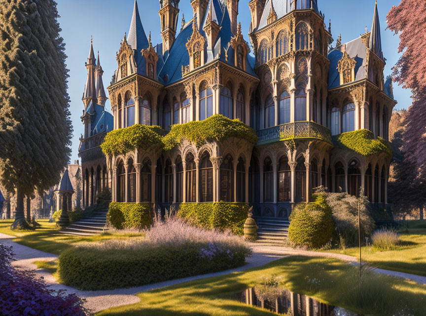 Gothic mansion with spires and gardens in soft sunlight