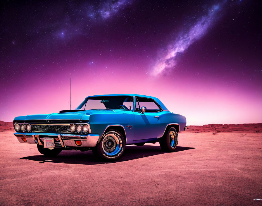 Vintage Blue Car Parked Under Starry Desert Sky with Pink and Purple Hues