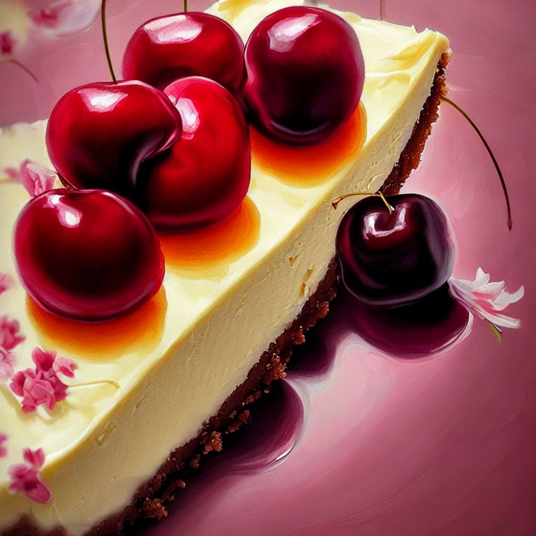 Creamy cheesecake slice with red cherries on pink floral backdrop