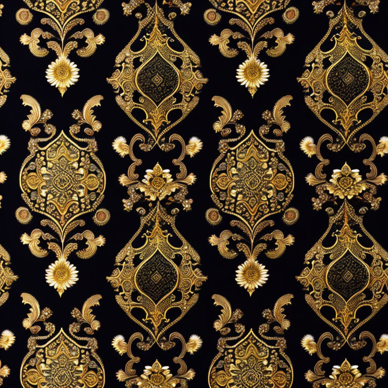 Intricate Golden Floral Patterns on Black Background