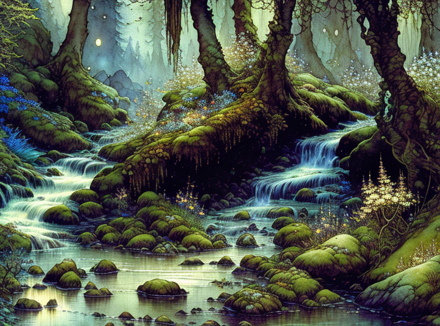 Lush enchanted forest with streams and moss-covered stones at twilight