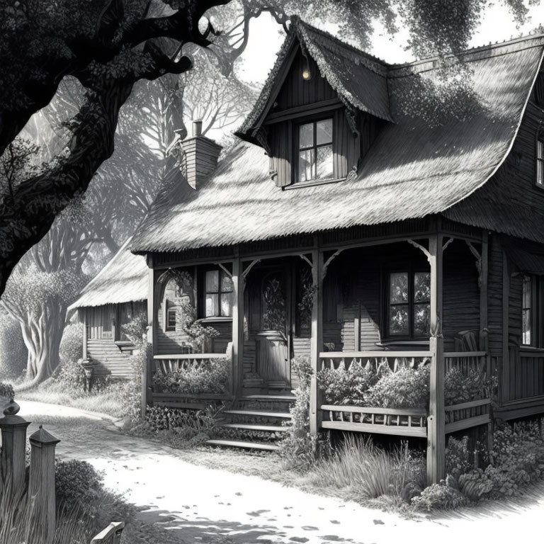 Monochrome image of quaint cottage with porch and picket fence in serene forest.