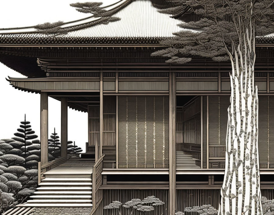 Japanese wooden architecture with sliding doors and tiled roof, pine trees, and intricate wooden textures.