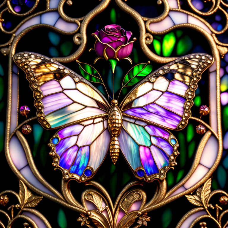 Intricate butterfly stained glass window with iridescent wings and gold details