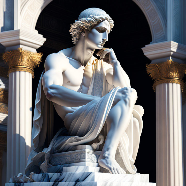 Classical seated male statue with curly hair and headband among white pillars