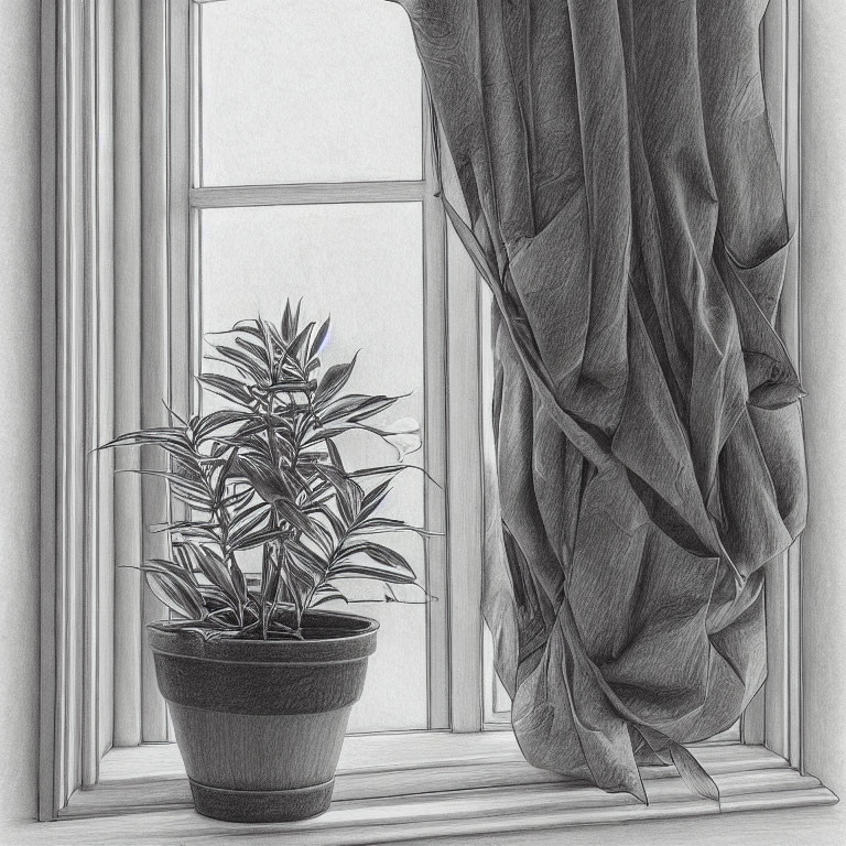 Monochrome pencil sketch of potted plant and curtain on windowsill