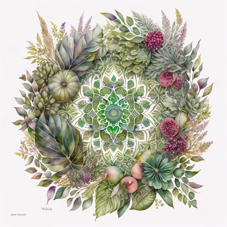 Symmetrical botanical illustration with plants, succulents, berries, and leaves in mandala pattern