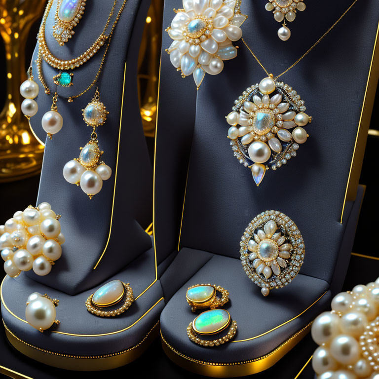 Pearl Jewelry Collection on Dark Background with Gold Accents