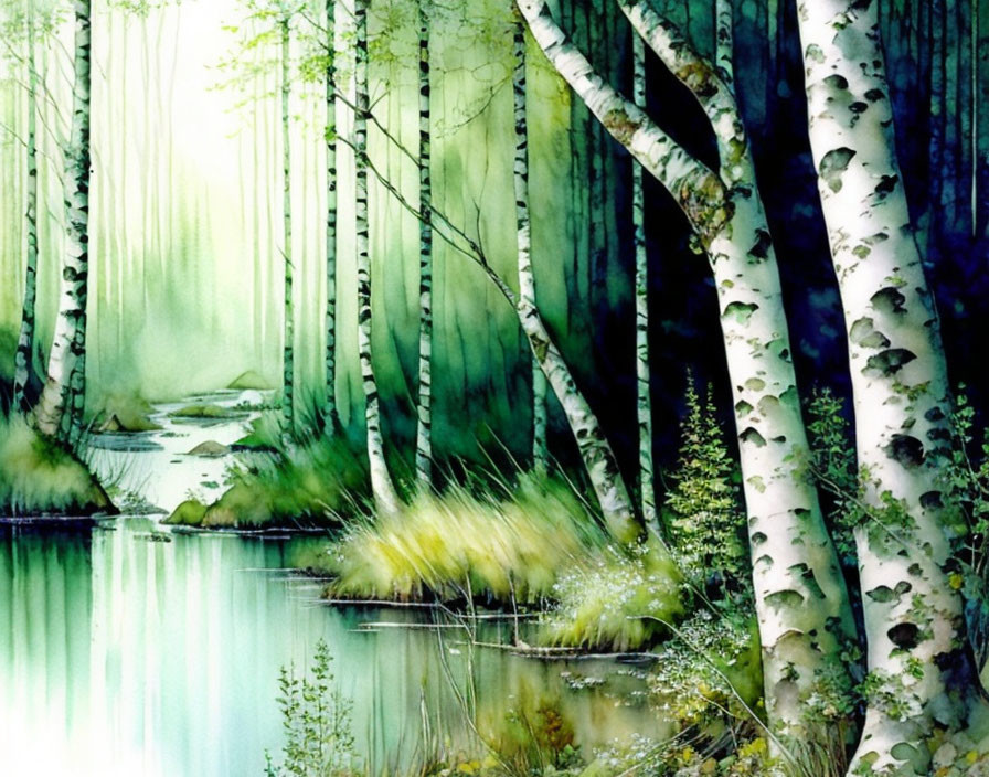 Tranquil watercolor painting of serene forest with reflective water