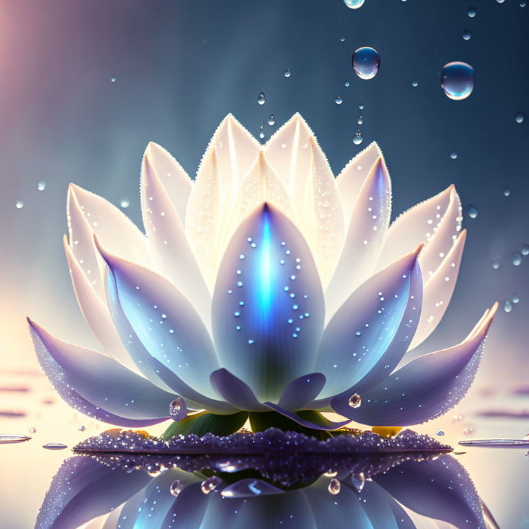 Digital White Lotus Flower with Blue Light Accents on Water Reflecting Serene Ambiance