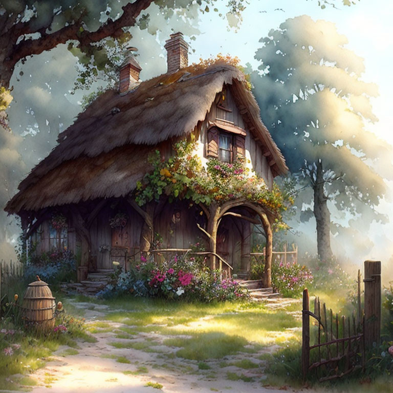 Thatched-Roof Cottage with Climbing Flowers and Picket Fence