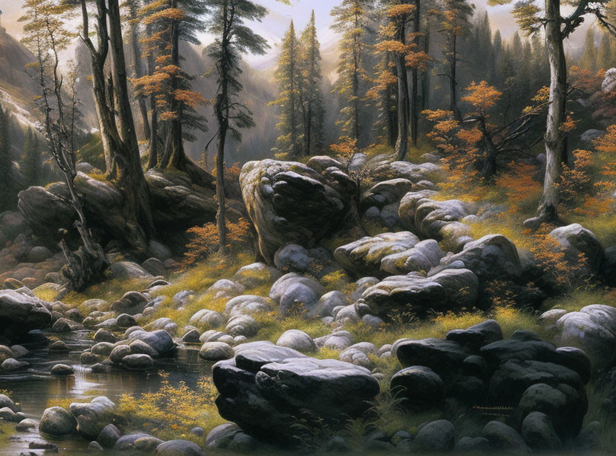 Serene Forest Landscape with Sunbeams, Mist, Stream, Rocks, and Autumn Trees