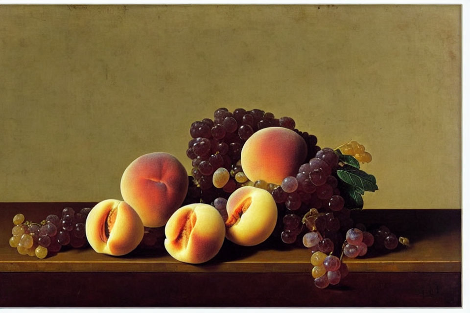 Classic Still Life Painting with Peaches and Grapes on Wooden Surface