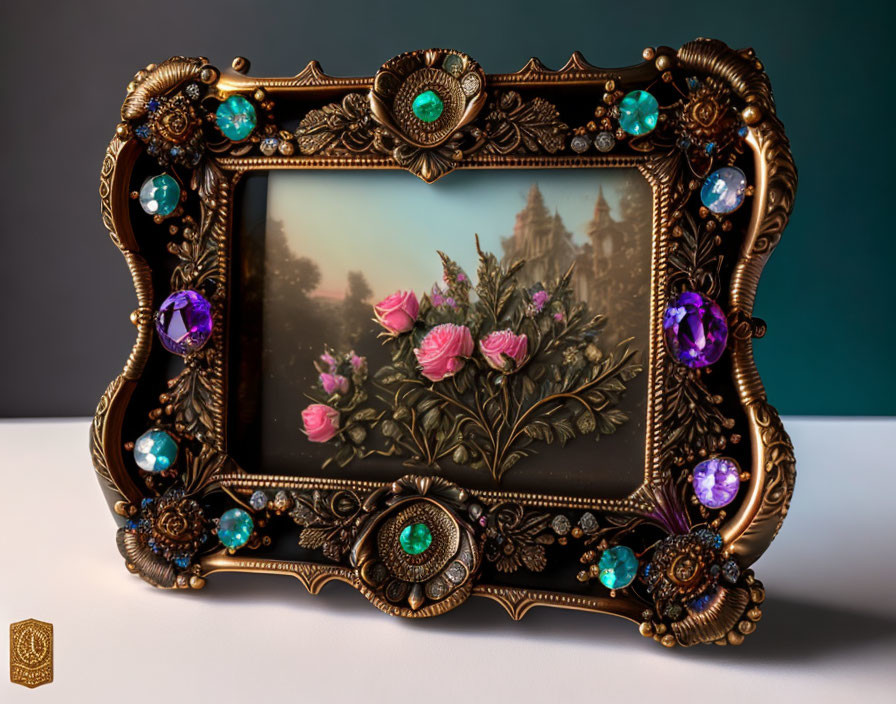 Vintage picture frame with jewel embellishments showcasing floral painting with castle