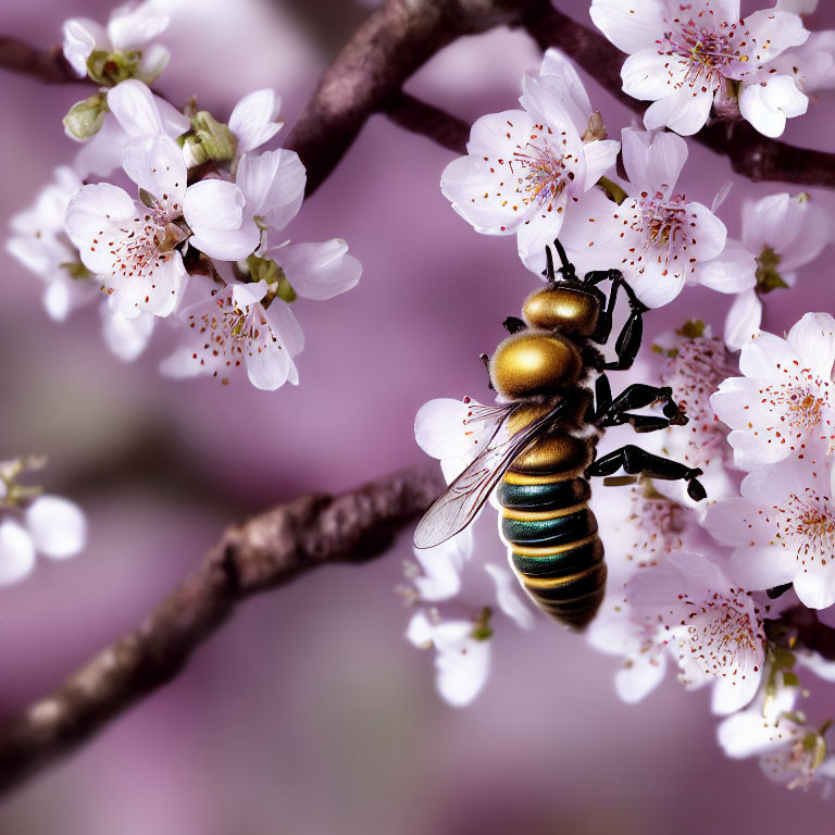 Striped bee pollinating pink cherry blossoms on brown branch with purple background