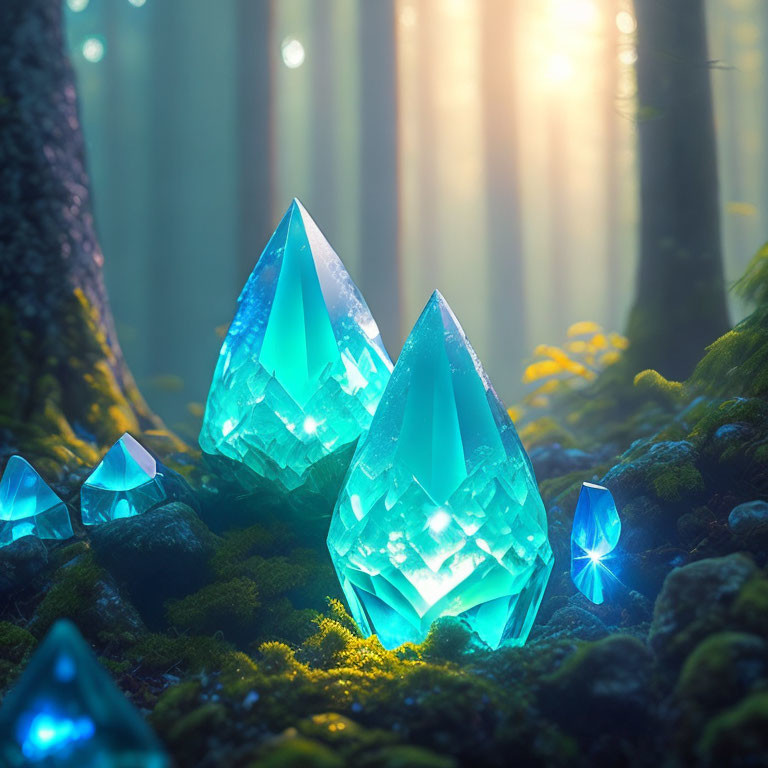 Blue Crystals Glowing in Forest Sunlight