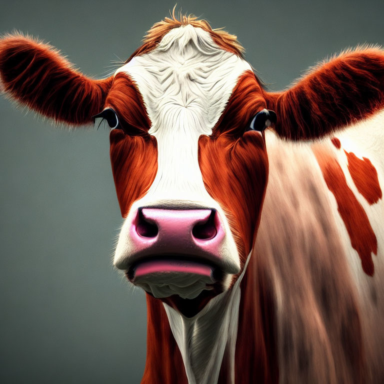 Brown and White Cow with Symmetrical Face on Grey Background