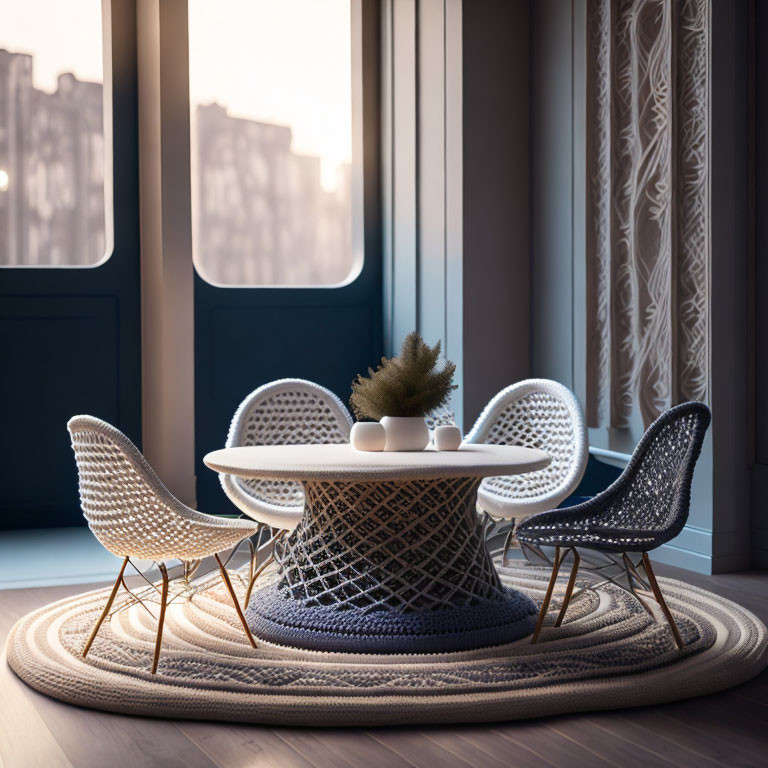 Modern white round table with wicker chairs and circular rug in warm dining space