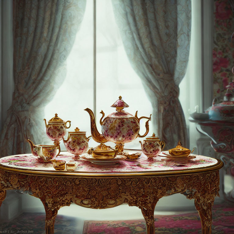 Vintage-style Tea Set on Ornate Tablecloth Near Window