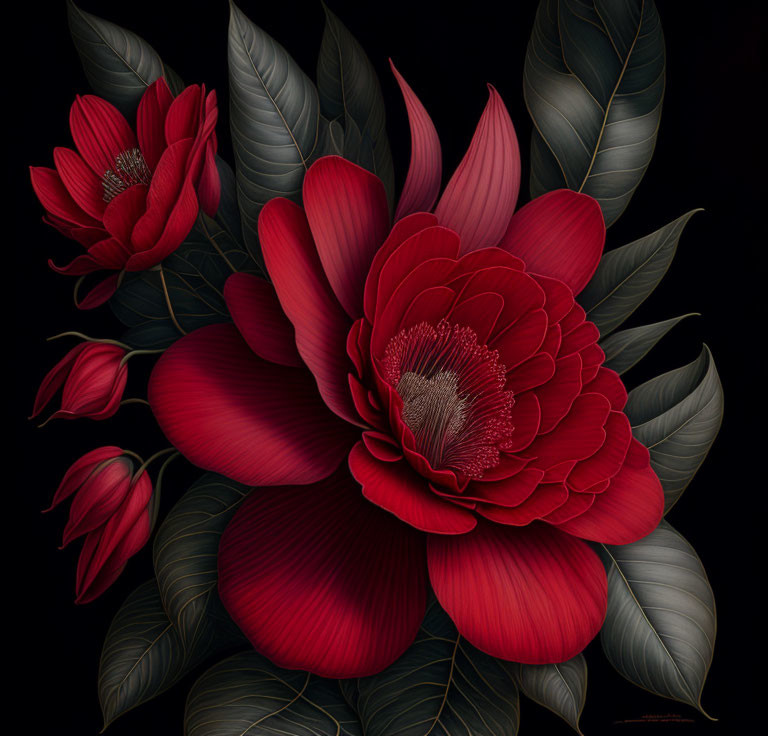 Detailed Digital Art: Vibrant Red Flowers on Dark Background