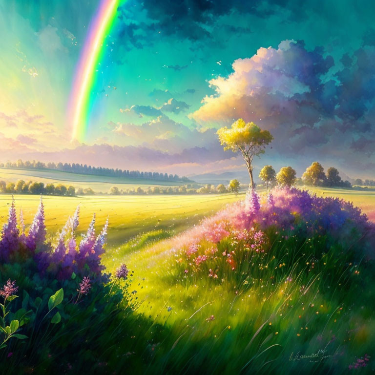 Vibrant rainbow over lush green fields and blooming wildflowers