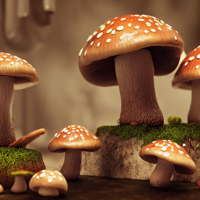 Realistic Red Mushrooms with White Spots on Mossy Surface