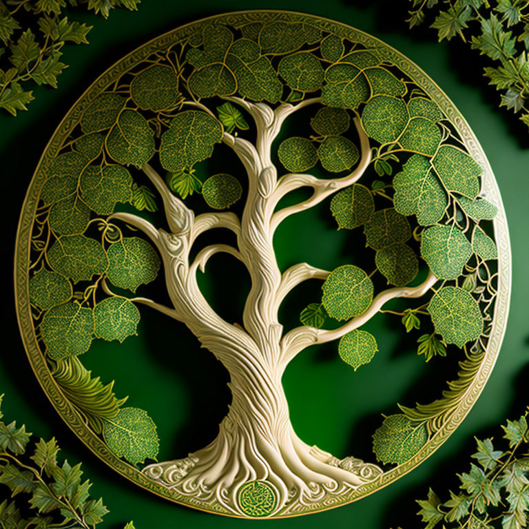 Circular golden tree design on dark green background with ornate branches and leaves.