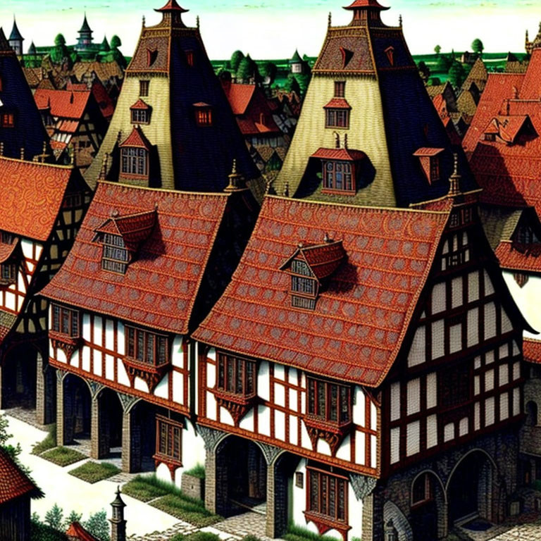 Stylized image of half-timbered houses in medieval European town