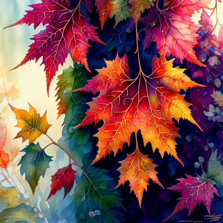 Vibrant Watercolor Painting of Autumn Leaves in Red, Orange, Yellow