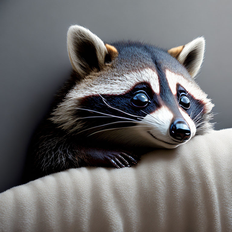 Curious raccoon with detailed furry face on light surface.