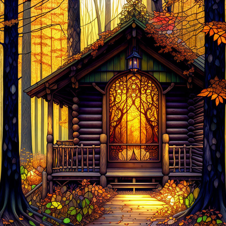 Cozy log cabin in autumn forest with warm glow and decorative door