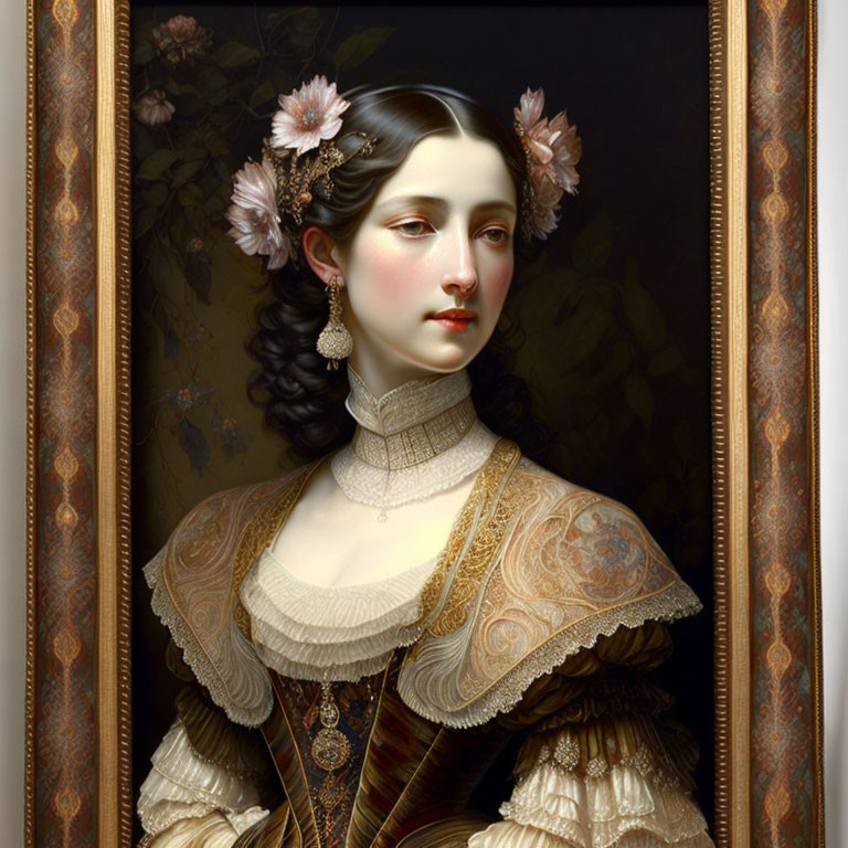 Vintage Dress Portrait: Woman with Flowered Hair & Lace Collar