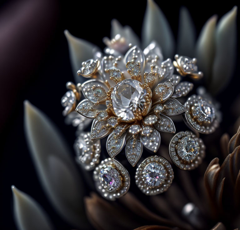 Intricate flower-shaped jewelry with diamonds and gold on dark background