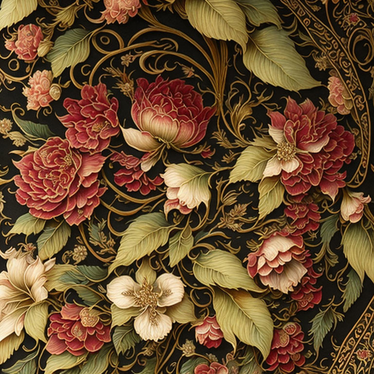 Red and Cream Floral Pattern on Black Background with Gold Filigree