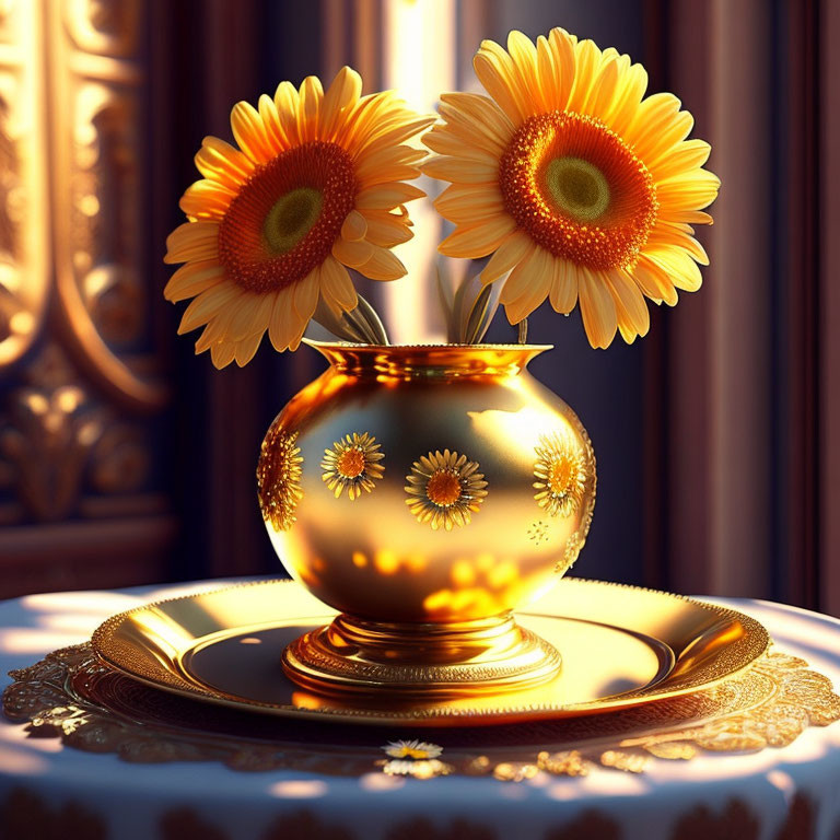 Golden vase with intricate designs holding sunflowers on ornate plate