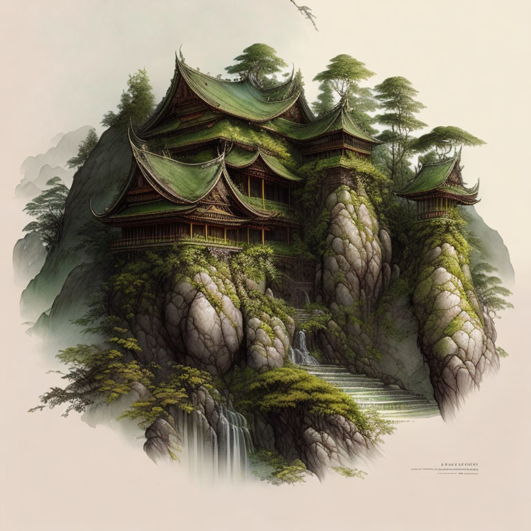 Traditional Asian Pagoda on Craggy Cliffs with Waterfalls