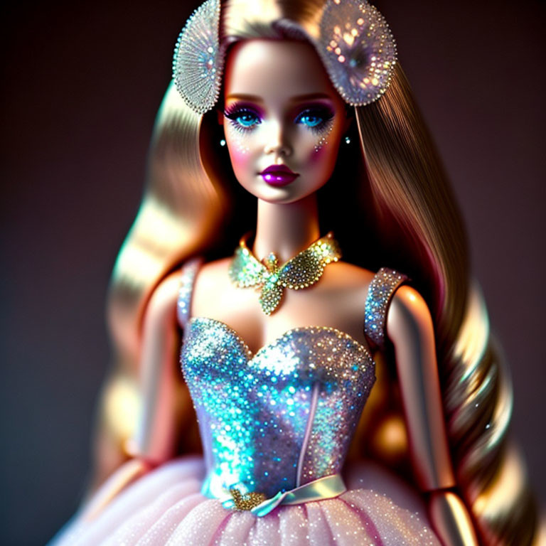 Barbie doll with sparkling blue eyes and glittery outfit