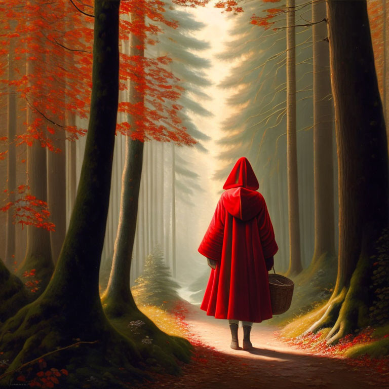 Person in red cloak walking forest path with autumn leaves and basket.