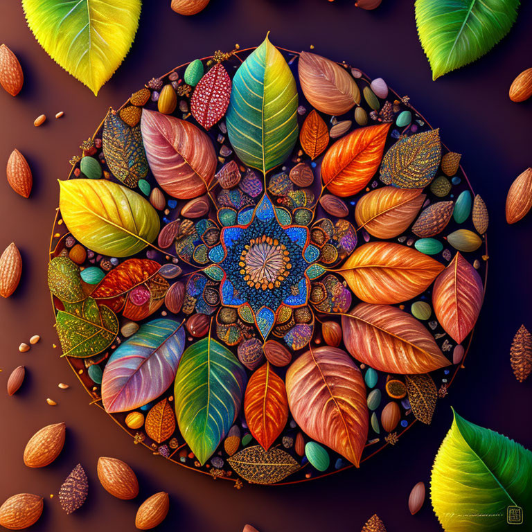 Colorful Circular Leaf Pattern with Nuts on Dark Background