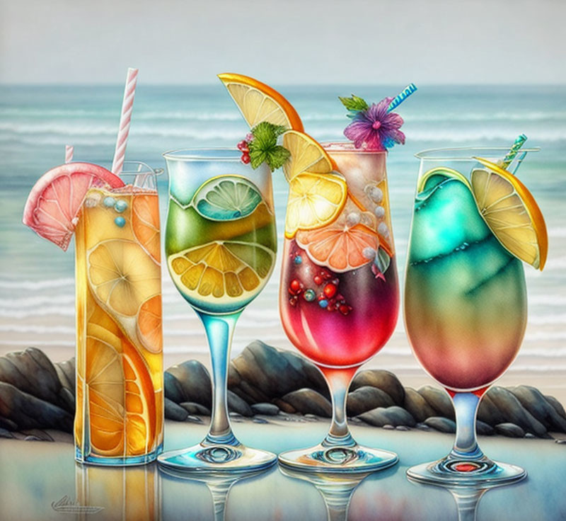 Vibrant fruit garnished cocktails by the sea