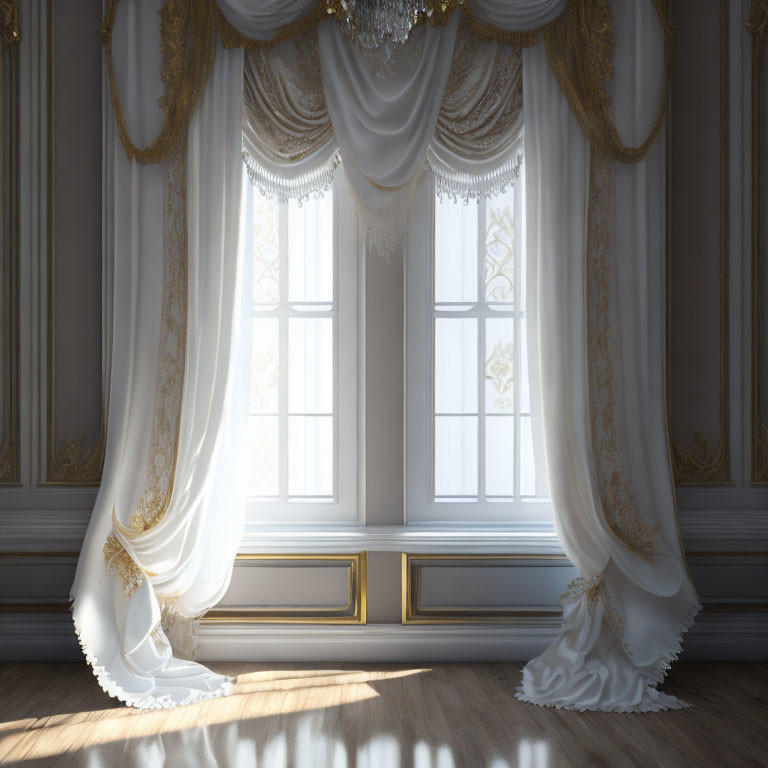 Spacious room with large windows, white sheer curtains, golden trim, crystal chandelier, and sunlight