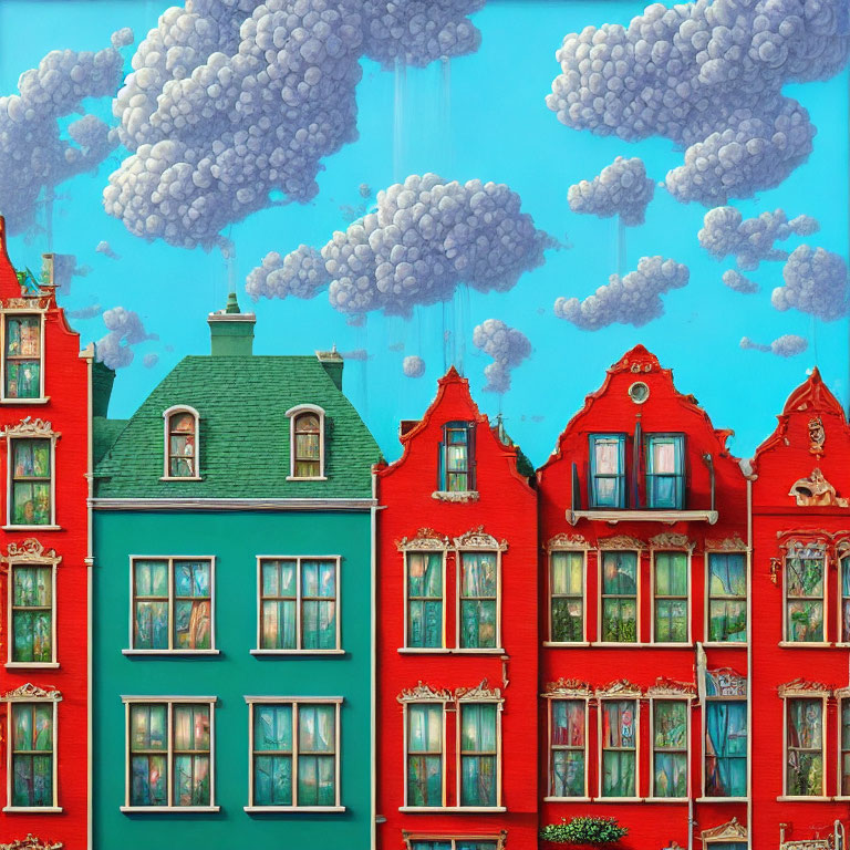 Vibrant surreal European-style buildings under rain clouds