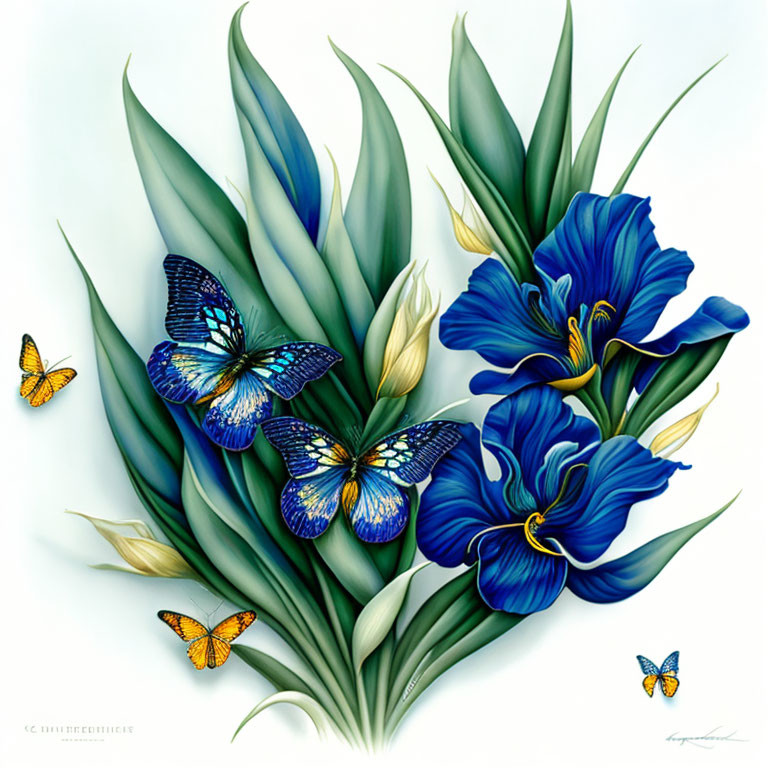 Vibrant blue irises, green leaves, blue & yellow butterflies illustration