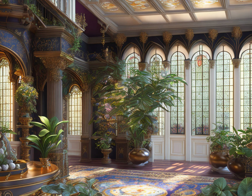 Luxurious interior with stained-glass windows, columns, staircase, plants, and carpet