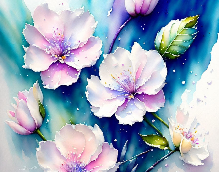 Delicate Pink and White Flowers Watercolor Painting