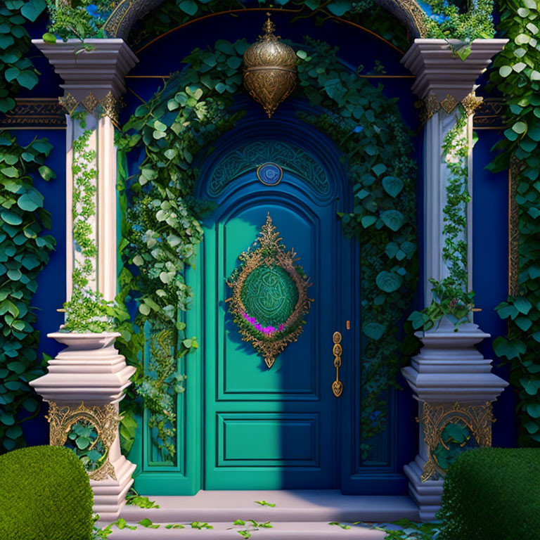 Teal Door with Peacock Motif and Ivy Under Night Sky