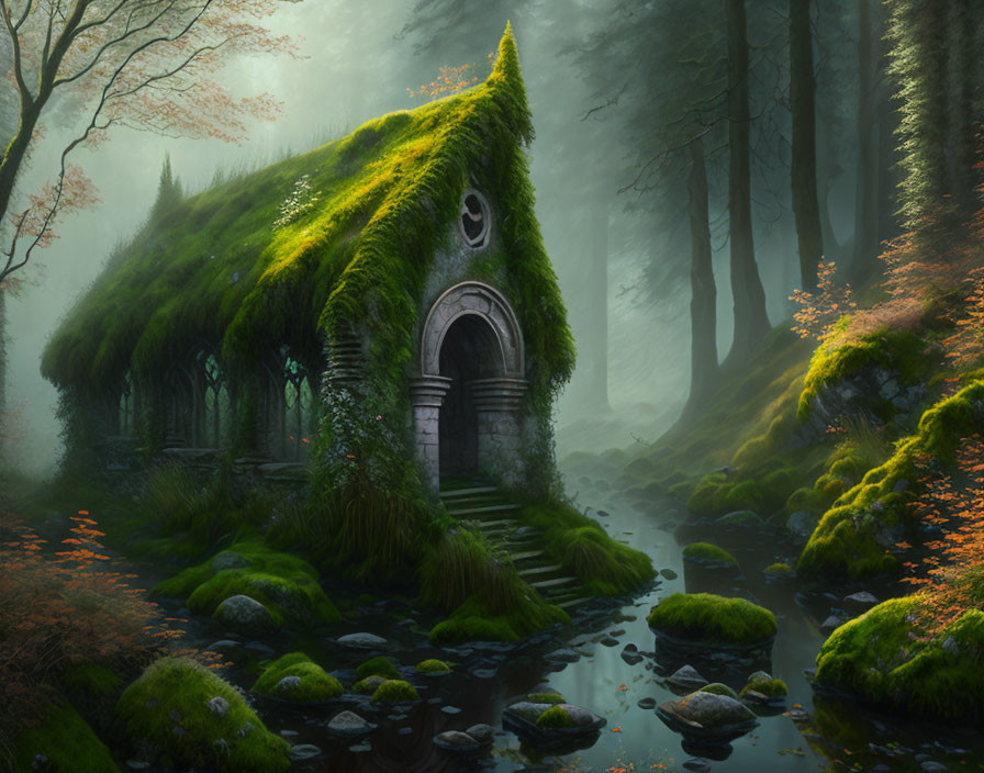 Moss-Covered Stone House in Enchanted Forest with Stream