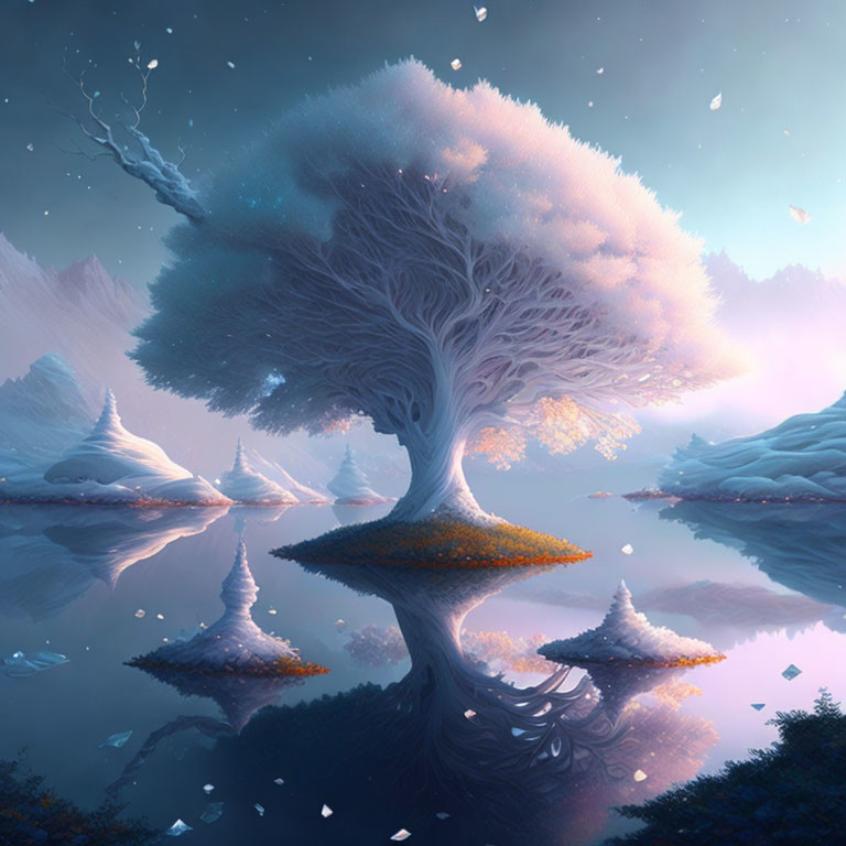 Mystical tree with luminous canopy reflected in tranquil water among snowy peaks and floating islands at twilight