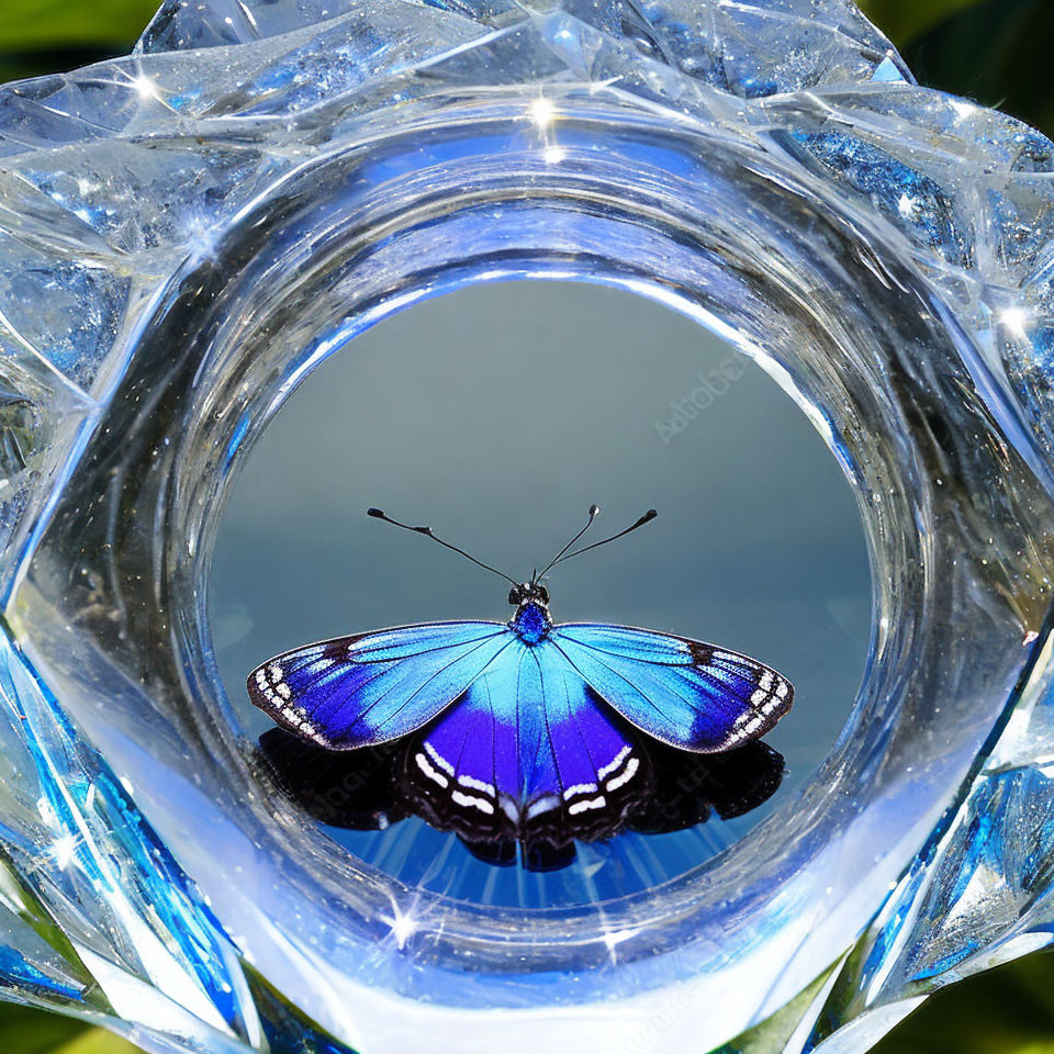 Blue butterfly in crystalline structure amidst green foliage.