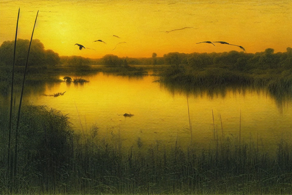 Tranquil sunset landscape with flying birds over reflective water and lush greenery.